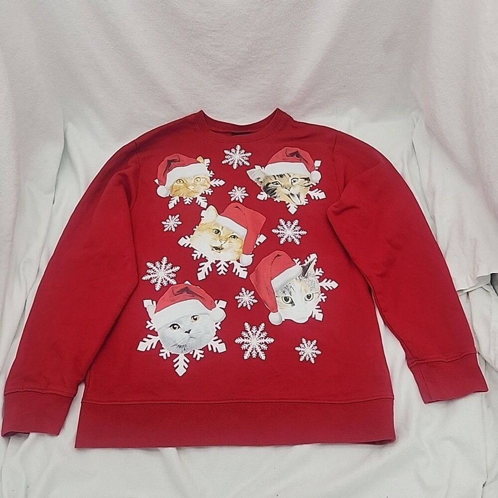 Sweatshirt Fifth Sun Christmas Cat Womens Medium Snowflakes Santa Kittens 111647